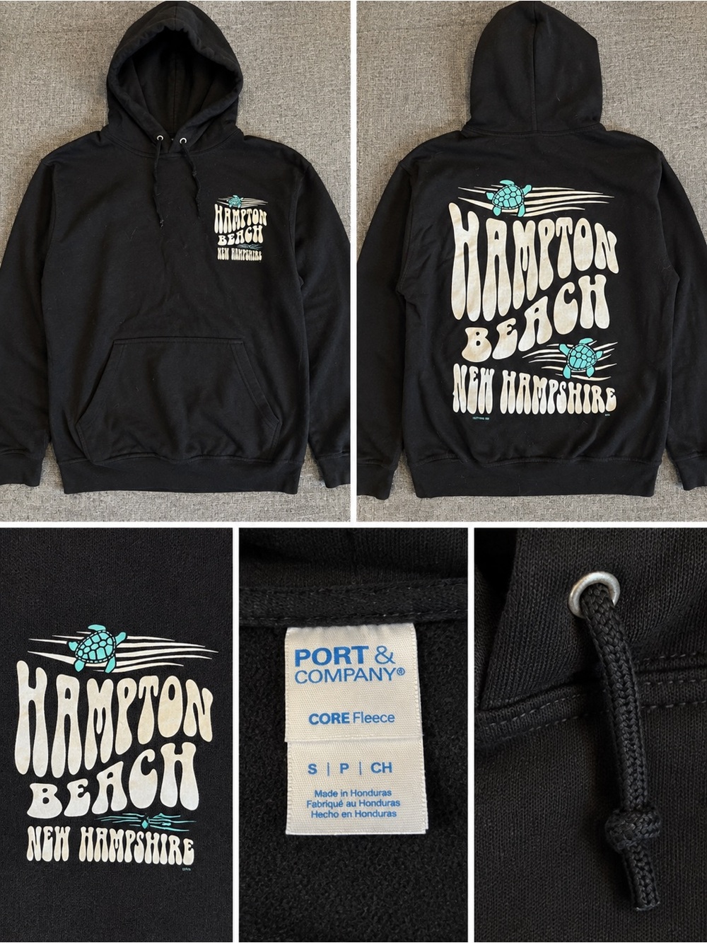 Port and Company Black Crewneck Hoodie with Turquoise Turtle Graphic